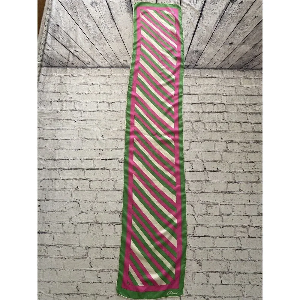 Burmel Vintage 1960's Pink Green Stripe Hand Rolled All Silk Scarf 13x68 Italy - Picture 13 of 16